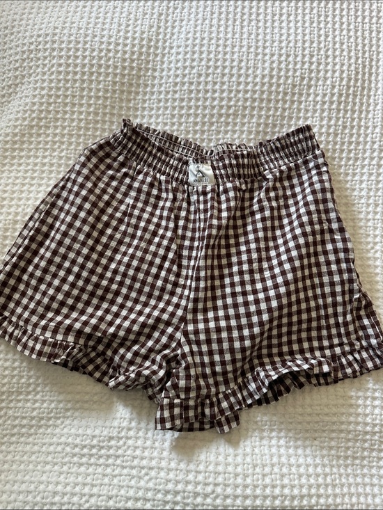Annie Pants - Brown & White Gingham Mid-Rise Ruffle Shorts